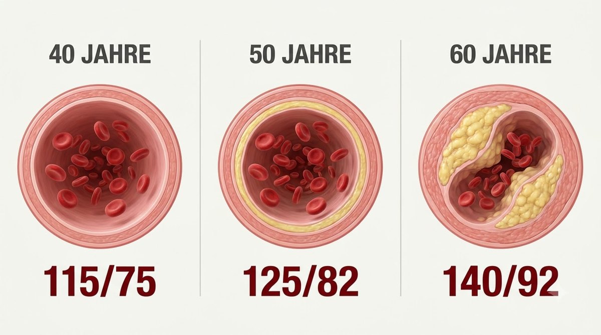Mit jedem Jahrzehnt verliert die Gefäßwand ein Stück Nachgiebigkeit – und der Wert steigt mit.